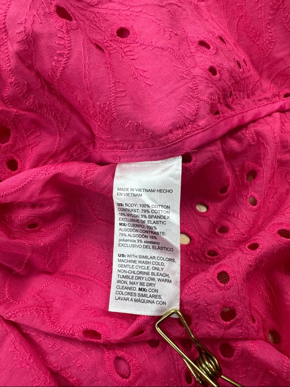Chico's Pink Eyelet Cotton Button-Down Shirt Size 3 US 16 Smocked Cuffs - Picture 10 of 14